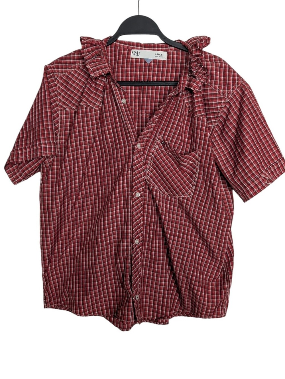 KMJ Reworked Plaid Ruffle Collar Short Sleeve Shirt Western Preppy Red Gingham L